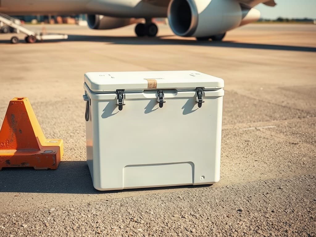 A temperature-controlled shipment case on an air-cargo tarmac